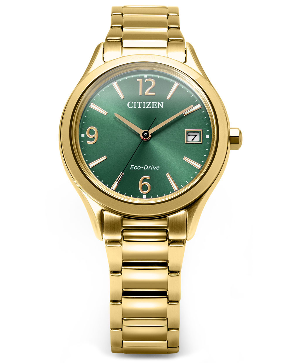 Elegante goldene Citizen Uhr mit grünem Zifferblatt und Datumsanzeige bei drei Uhr