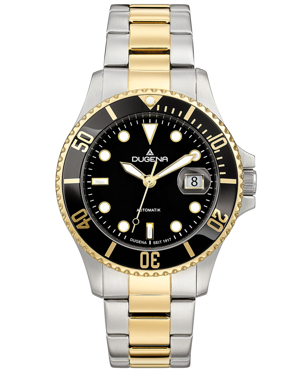 Eine Dugena Armbanduhr mit schwarzgoldenem Zifferblatt und silbergoldenem Metallarmband