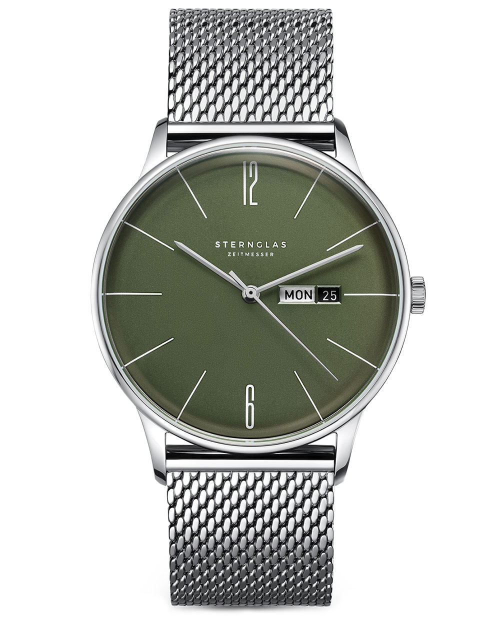 Armbanduhr mit grünem Zifferblatt, silbernem Meshband und Datumsanzeige