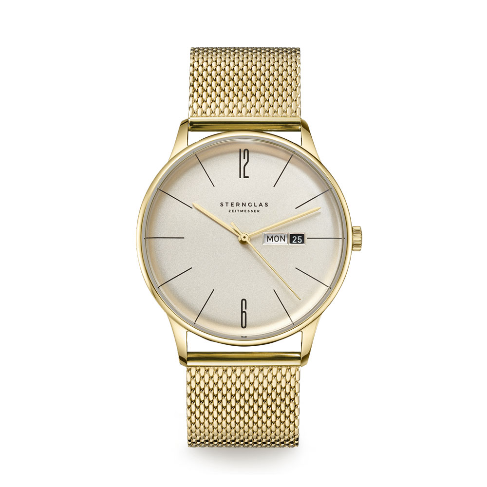 Elegante goldene Armbanduhr mit silbernem Zifferblatt und Tagesanzeige
