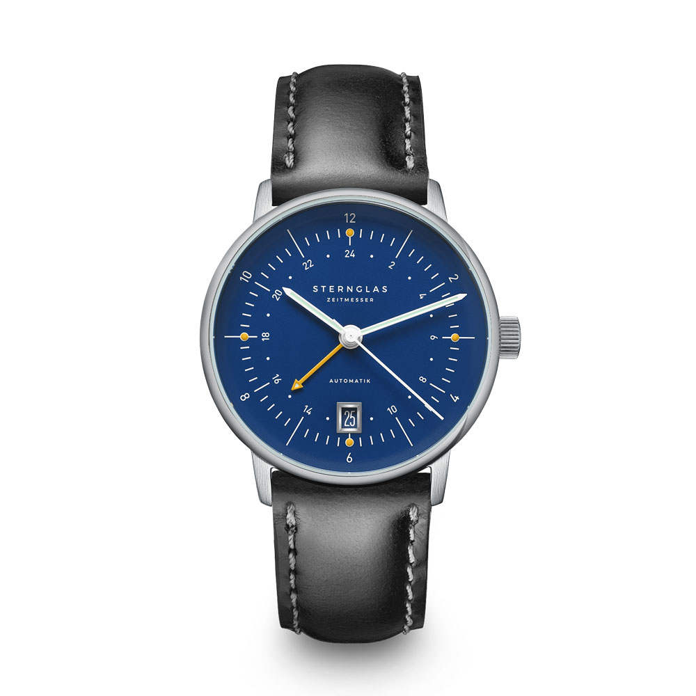 Elegante Uhr mit blauem Zifferblatt, silbernem Gehäuse und schwarzem Lederarmband