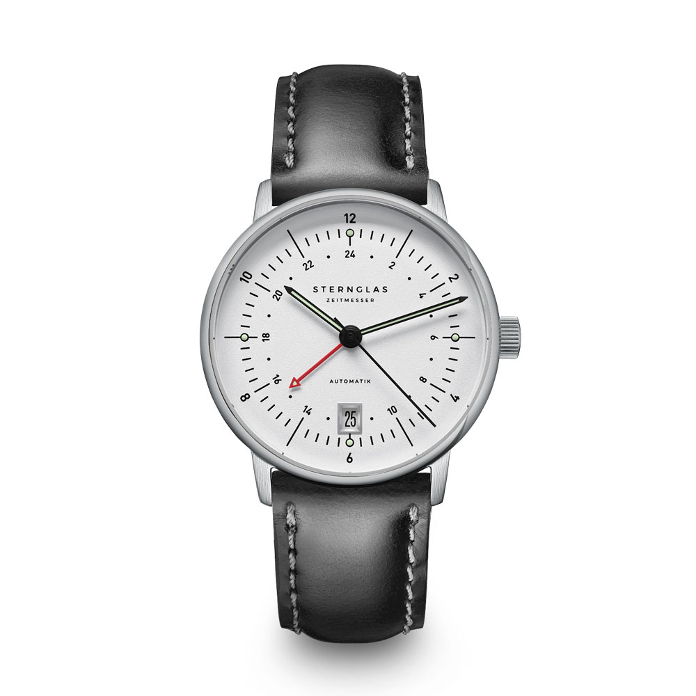 Eine elegante Armbanduhr mit weißem Zifferblatt und schwarzem Lederarmband