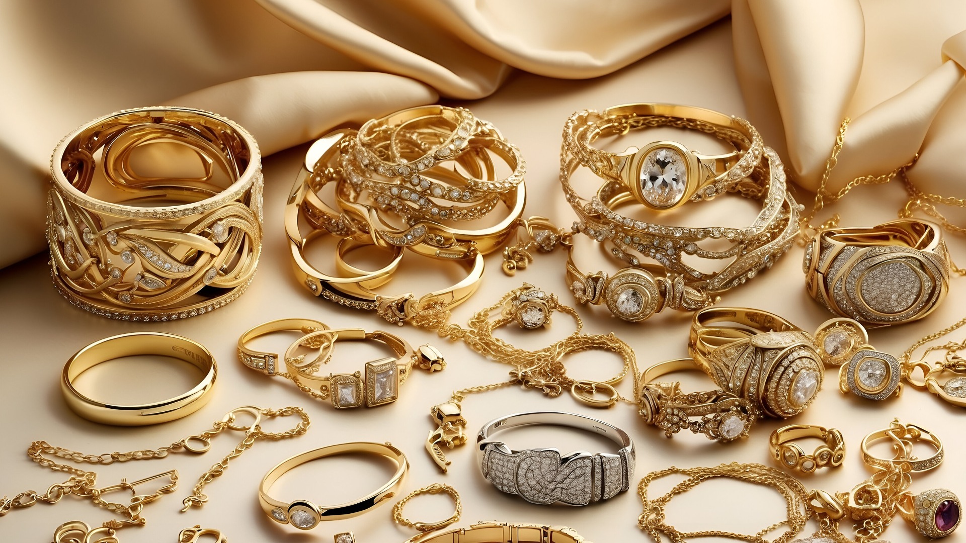 Ein Bild verschiedener Goldschmuckstücke wie Halsketten, Armbänder und Ringe, die sorgfältig vor einem eleganten Hintergrund arrangiert sind