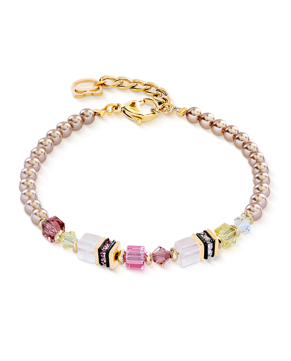 Ein elegantes Armband mit goldfarbenen Perlen und bunten Edelsteinakzenten