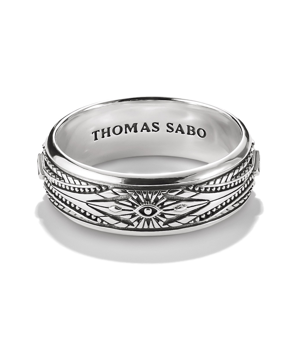 Silberring mit Auge Gravur und Thomas Sabo Schriftzug auf glänzender Innenfläche