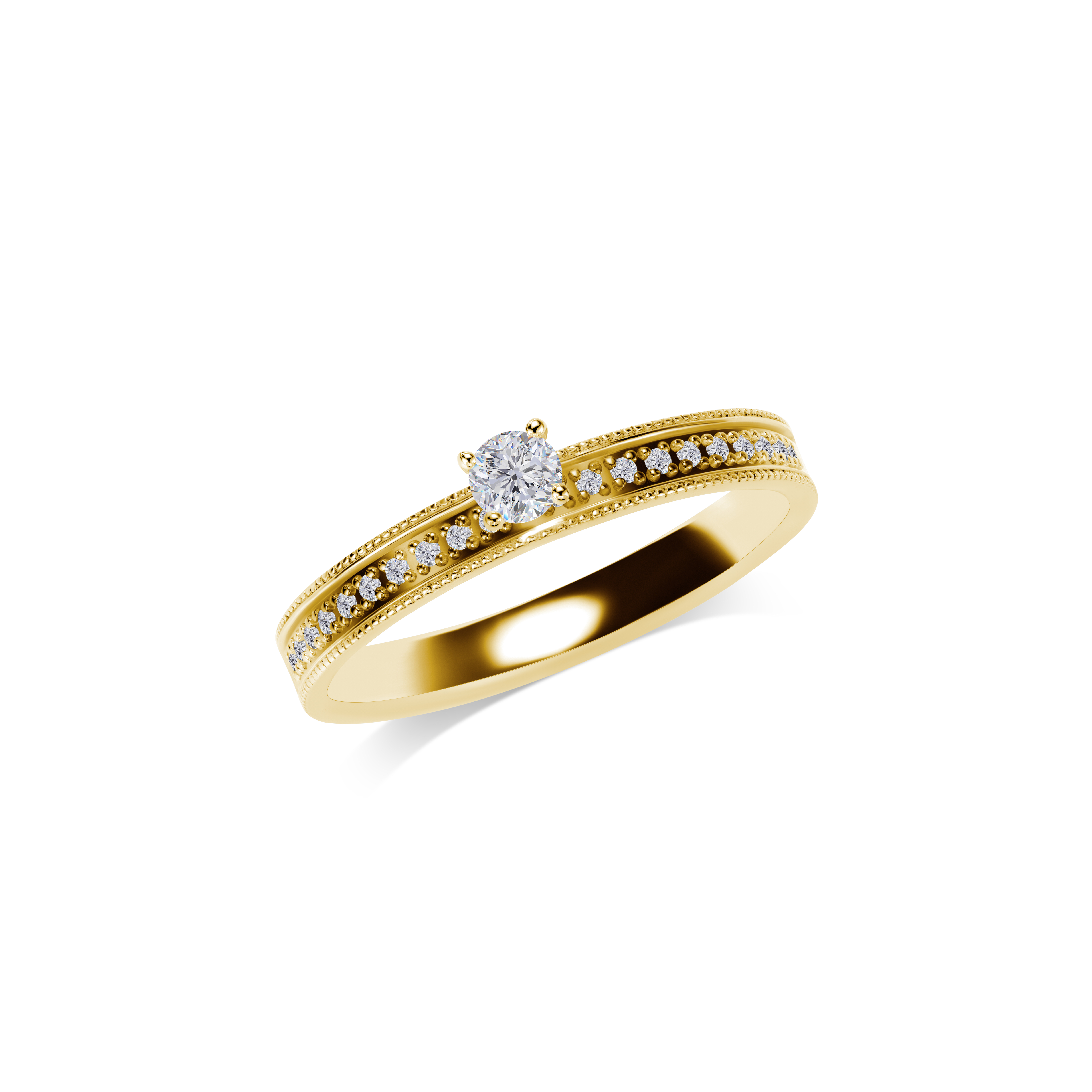 Goldener Ring mit funkelndem Mittelstein und Diamantreihe am Band