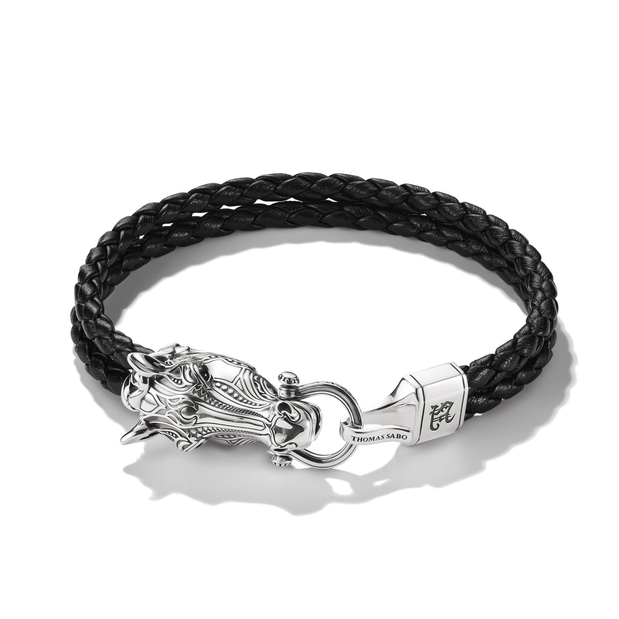 Schwarzes geflochtenes Lederarmband mit silbernem Drachenkopfverschluss