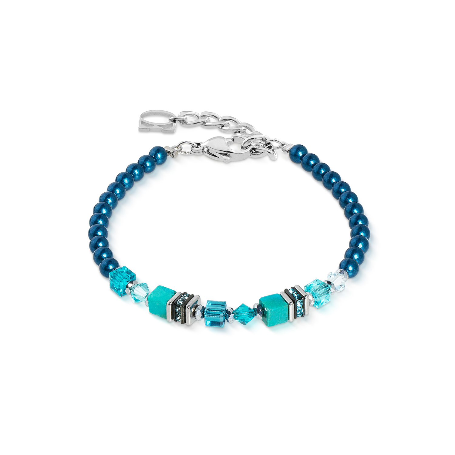 Blaues Perlenarmband mit türkisfarbenen Würfeln und Silberverschluss