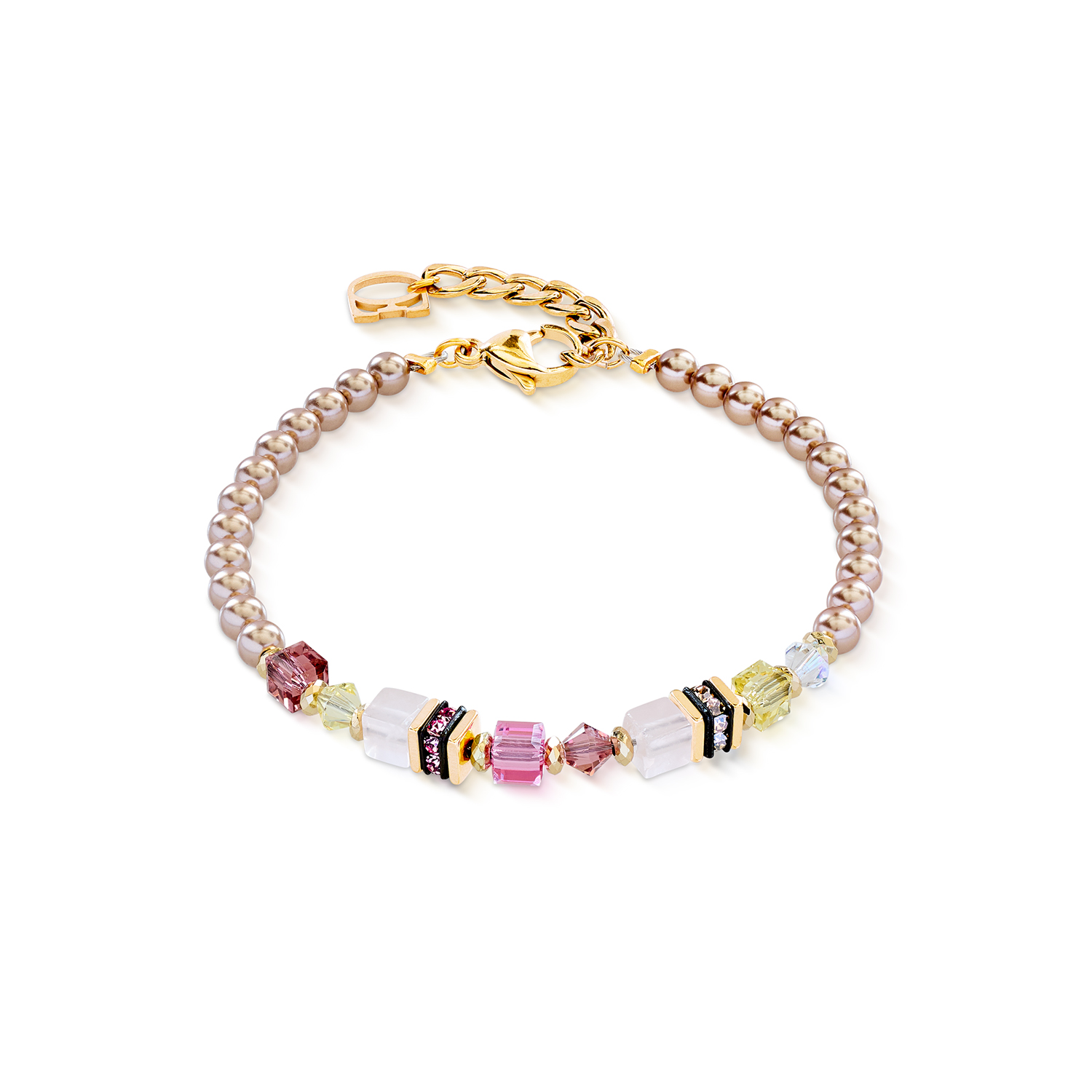 Zartes Perlenarmband mit goldener Kette und bunten Glaswuerfeln