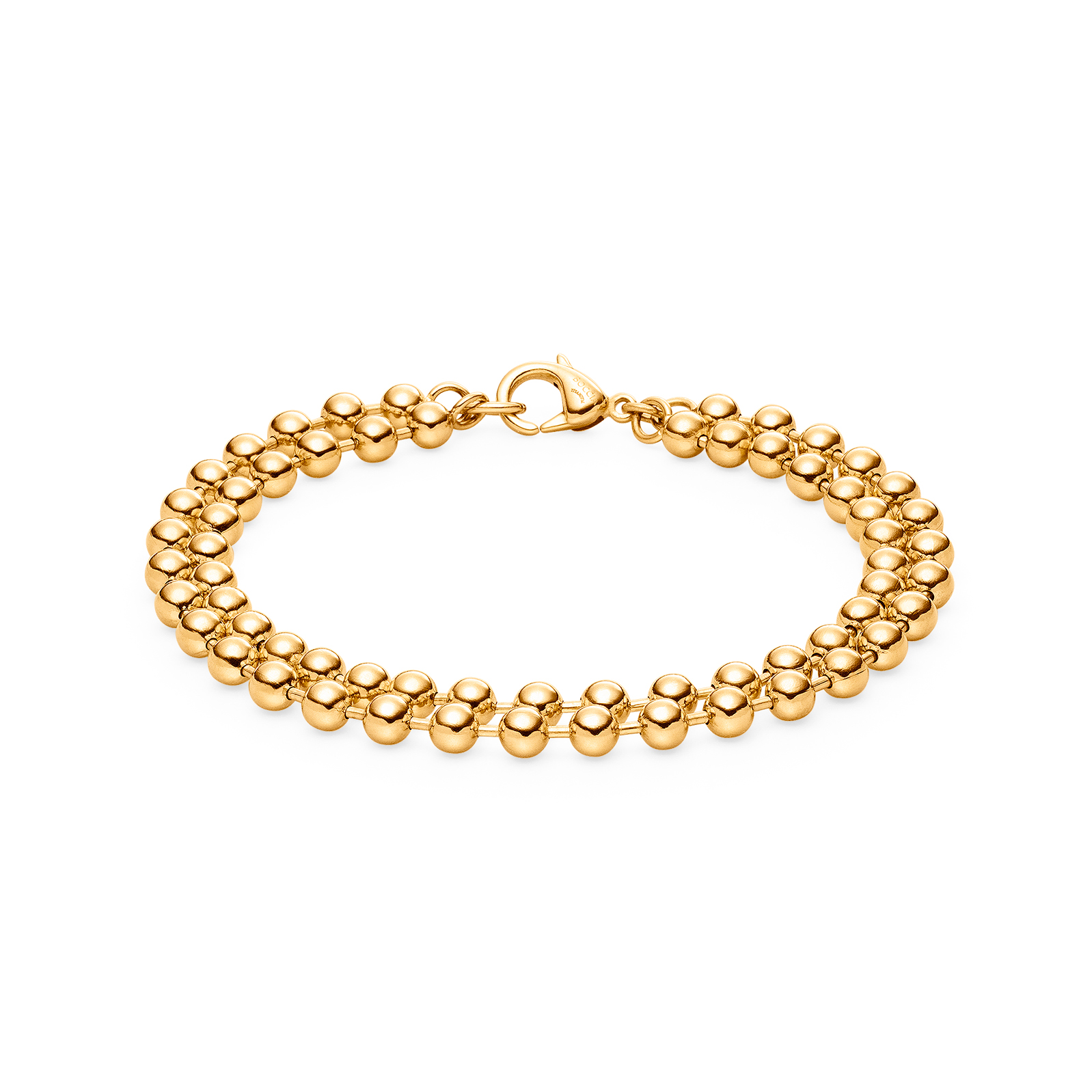 Goldenes Kugelarmband mit glänzenden Perlenreihen und Karabinerverschluss