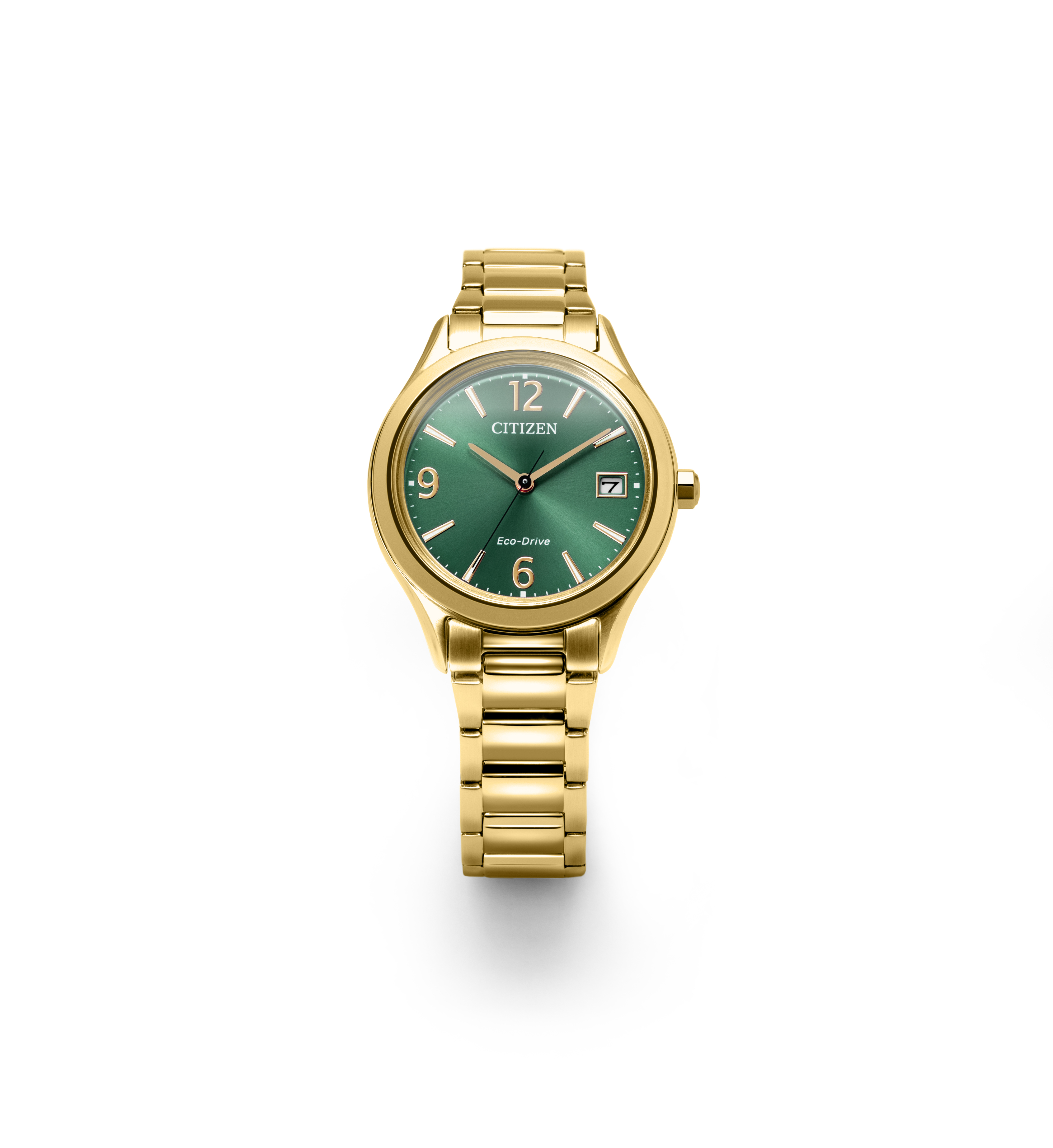 Goldene Armbanduhr mit gruenem Zifferblatt und Datumsfenster, schlicht