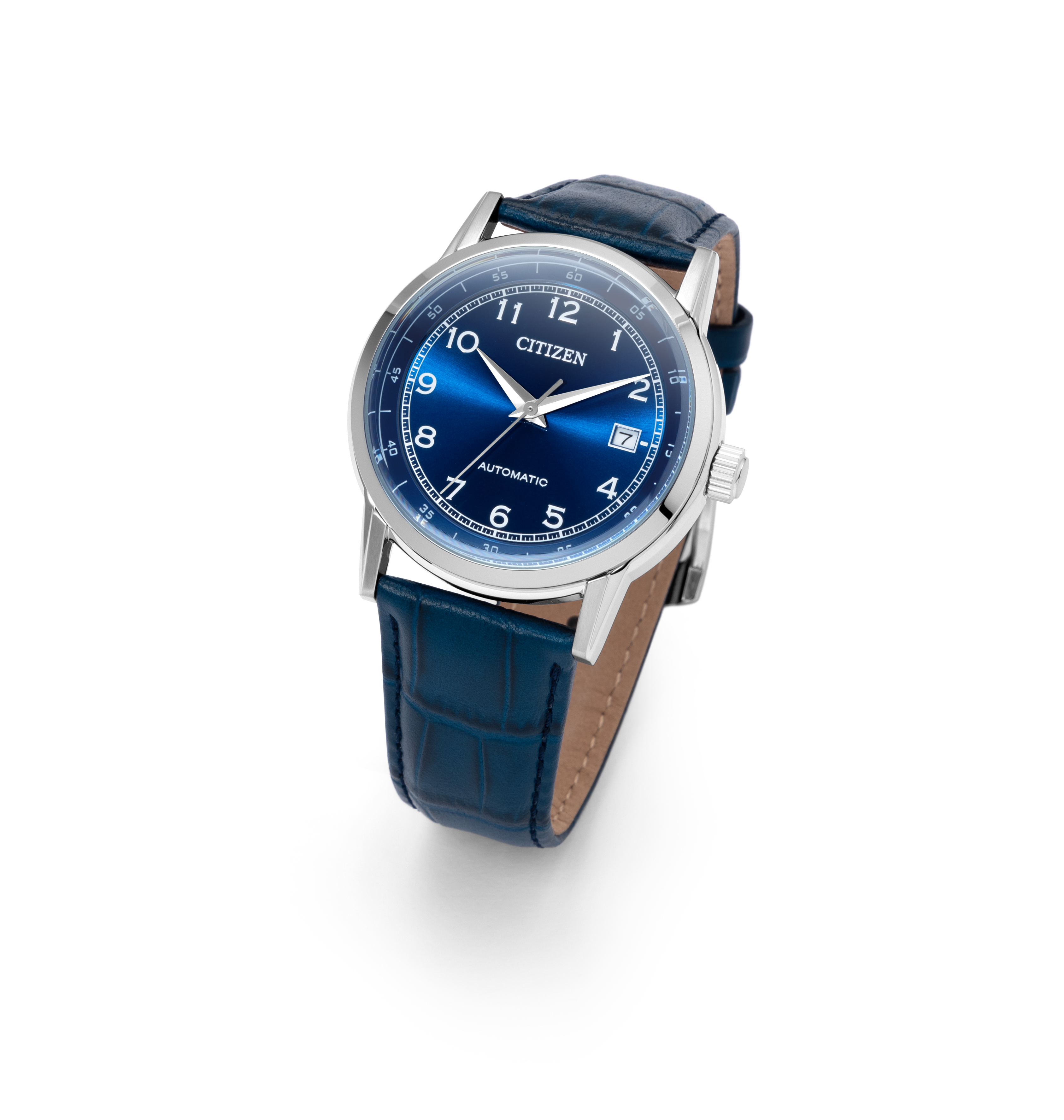 Blaue Armbanduhr mit silbernem Gehaeuse und Datumsfenster, neutral