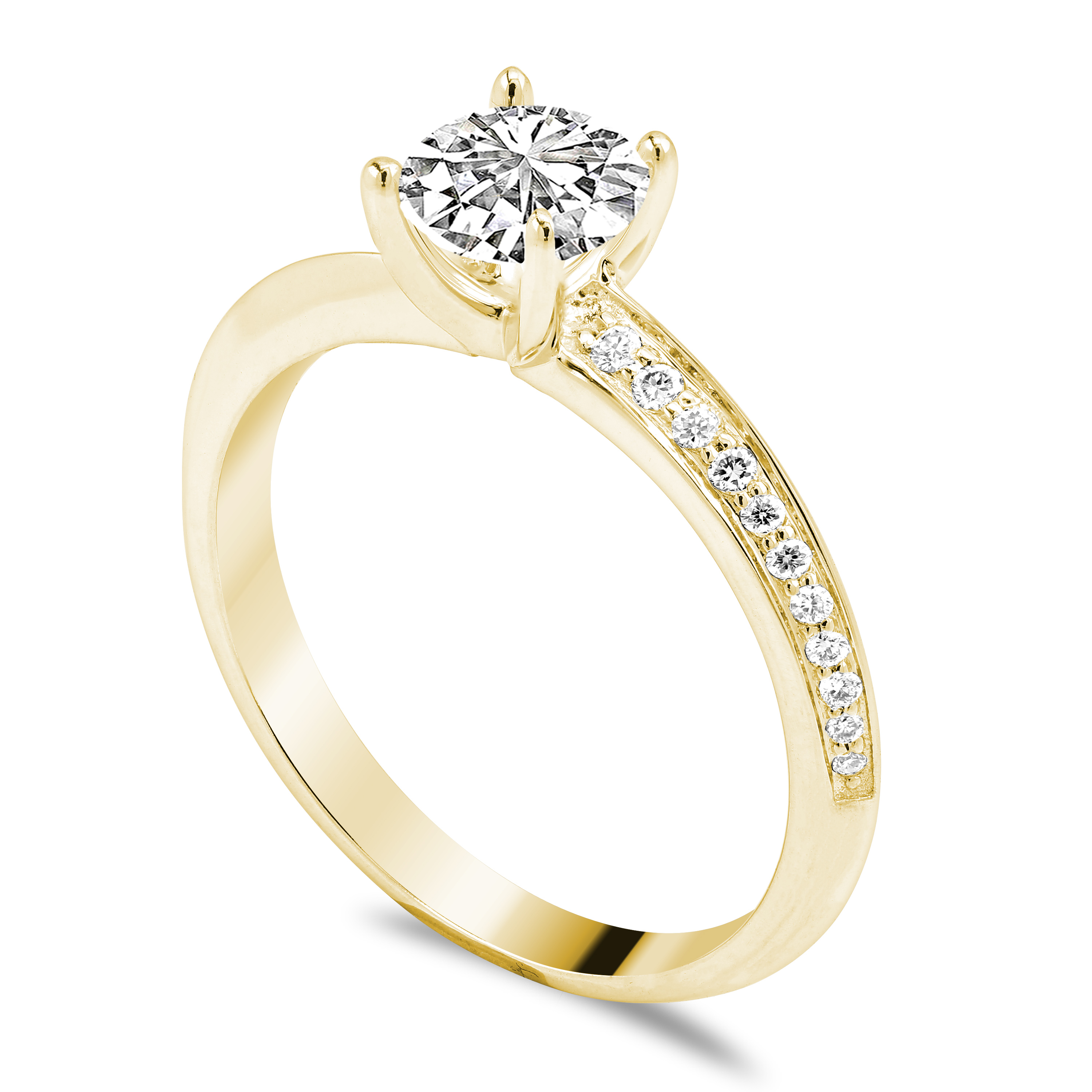 Goldener Ring mit funkelndem Diamant und seitlichen Steinen, elegant