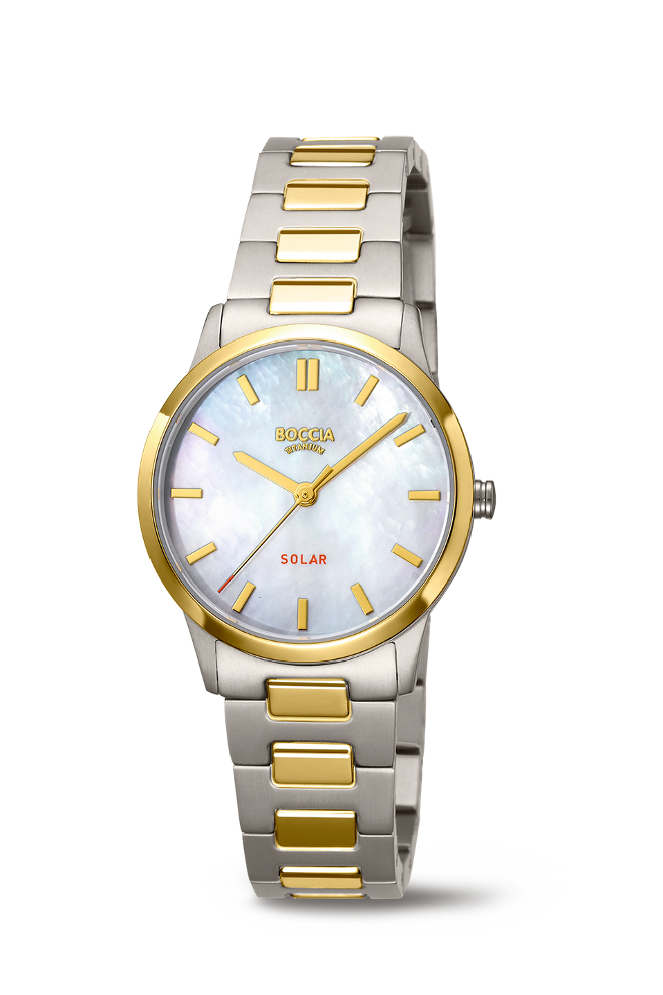Zweifarbige Armbanduhr mit hellem Zifferblatt und goldenen Details, solarbetrieben