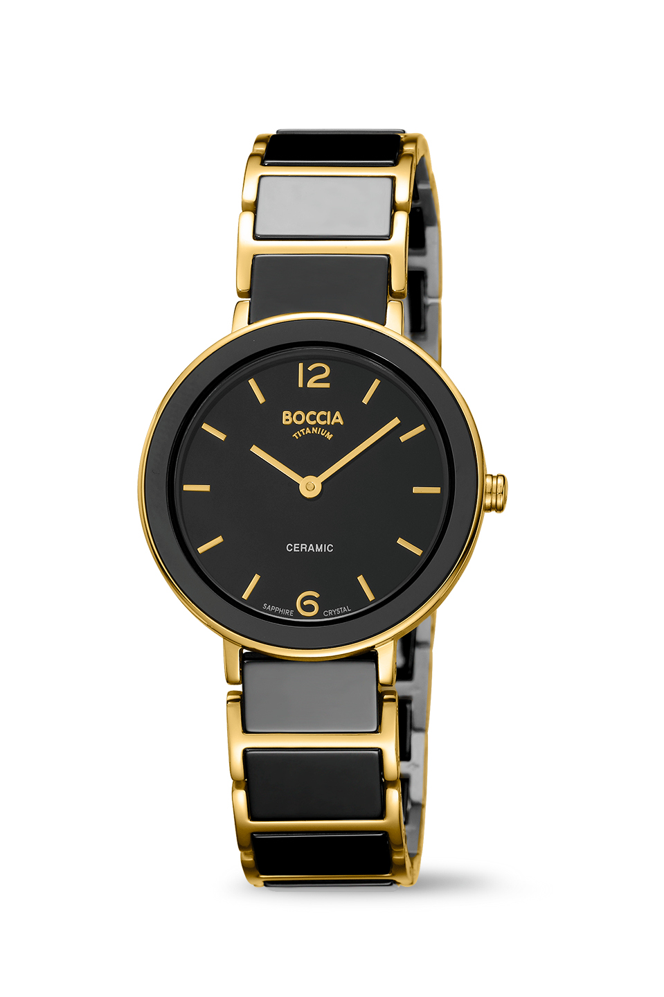 Schwarze Damenuhr mit goldenen Akzenten und Gliederarmband, edel wirkend