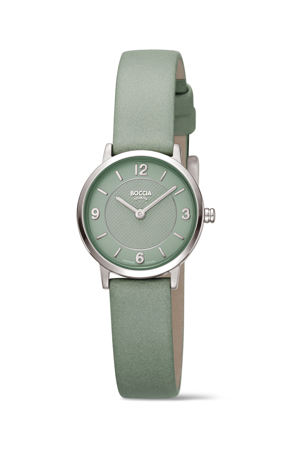 Mintgruene Armbanduhr mit ruhigem Zifferblatt und silbernem Gehaeuse