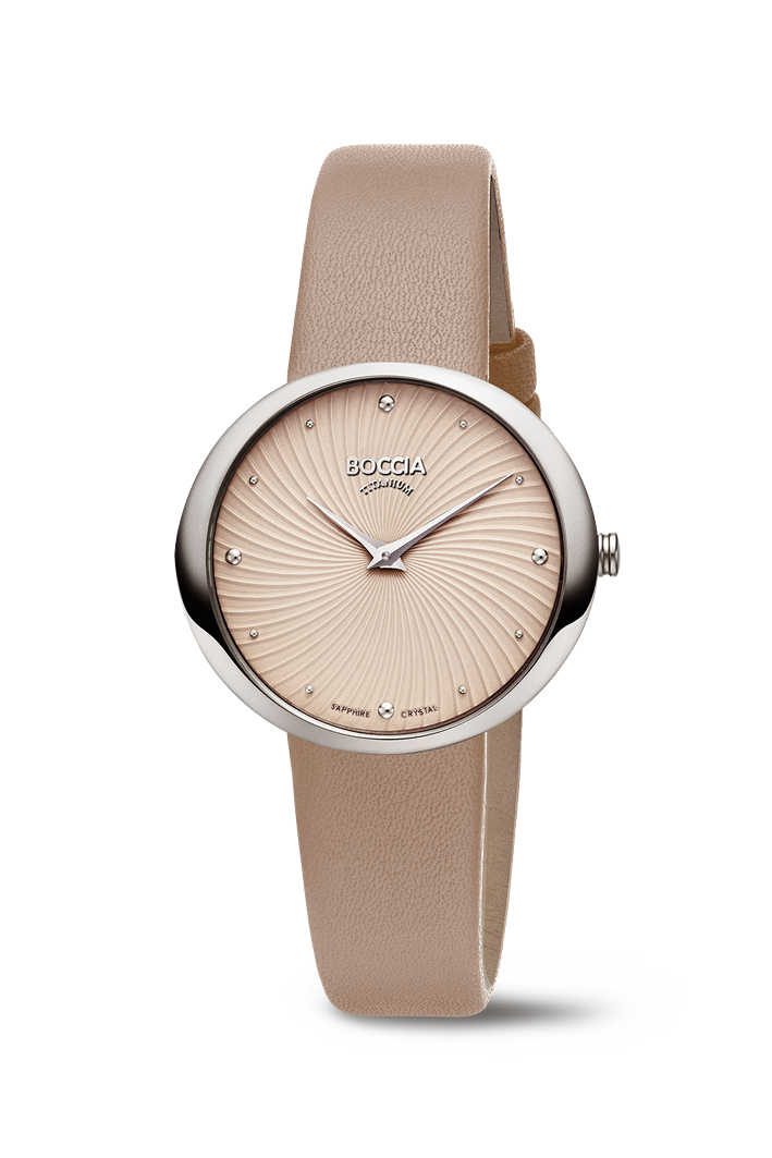 Elegante Armbanduhr in Beige und Silber mit dezentem Zifferblatt und Glanzrand