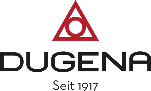 Rotes Dreieckslogo ueber schwarzem DUGENA Schriftzug und Seit 1917