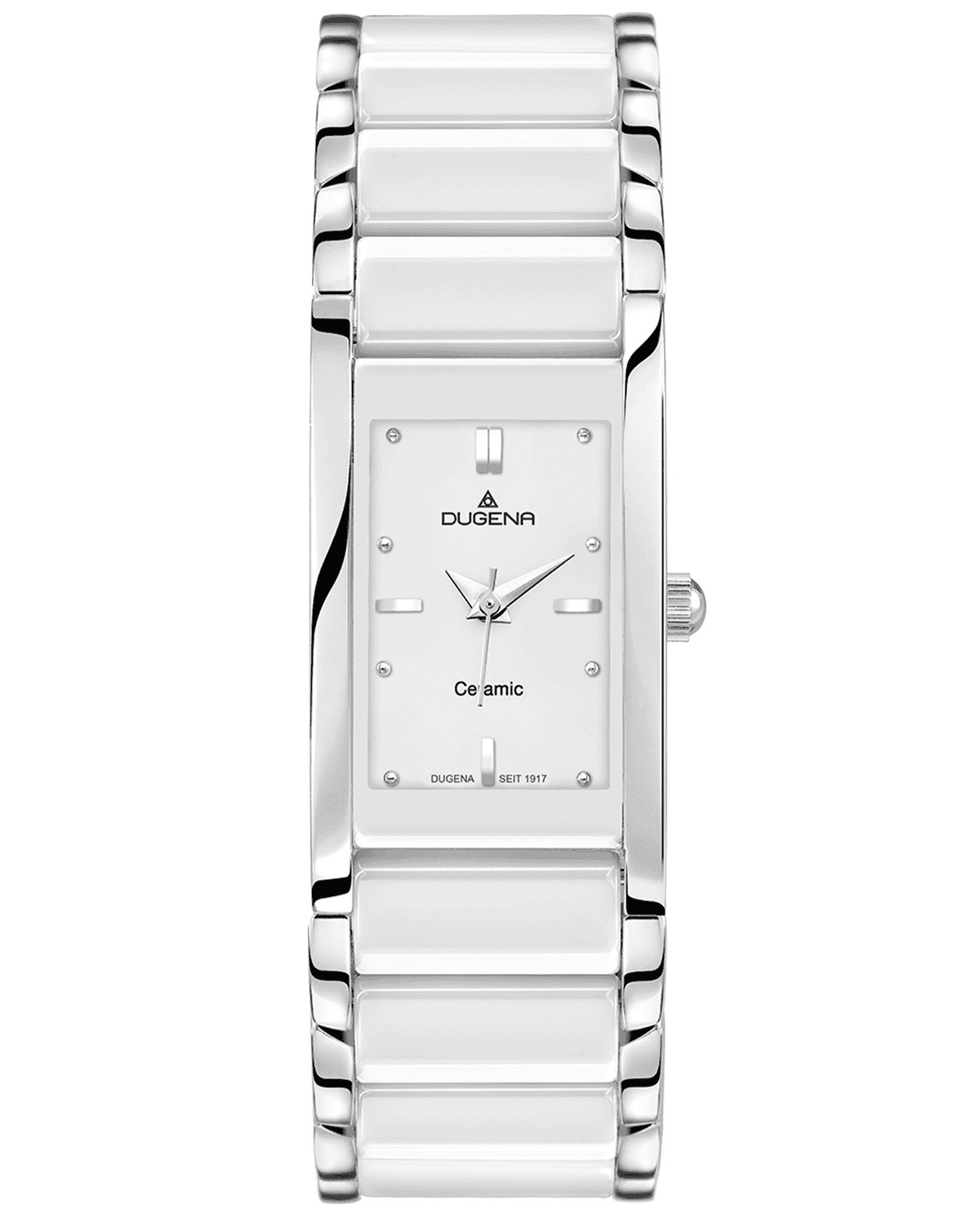 Silberne Dugena Armbanduhr mit weißem Zifferblatt und Keramikgliedern, elegant