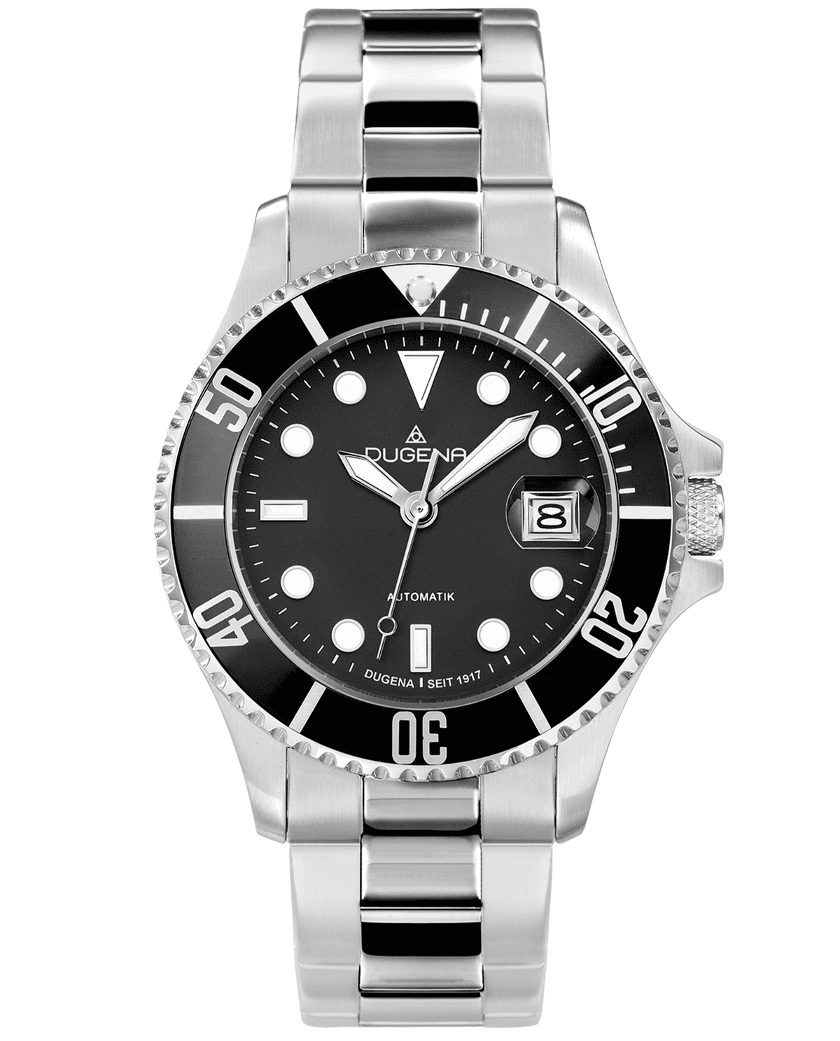Silberne Dugena Armbanduhr mit schwarzem Zifferblatt und Datumsfenster