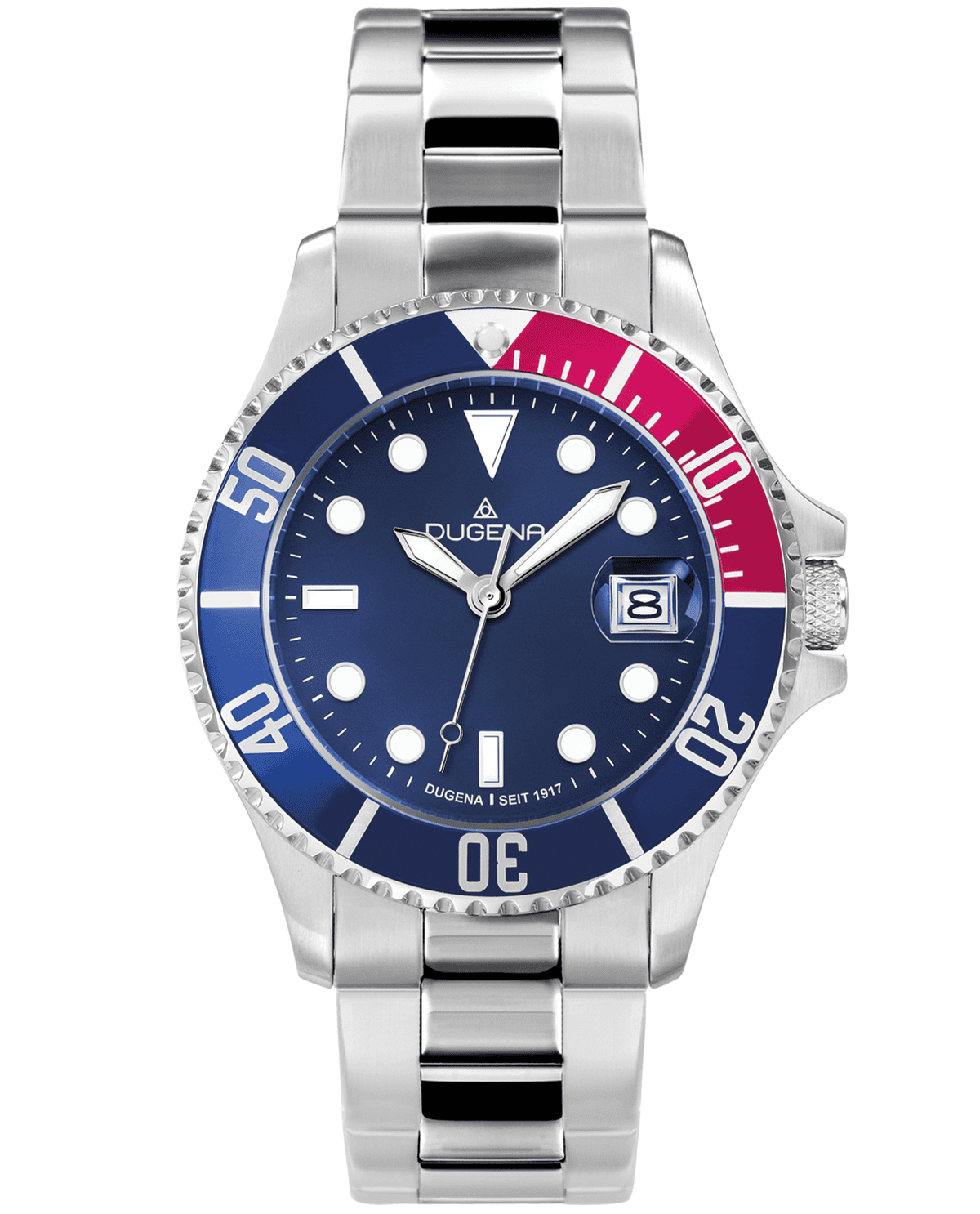 Silberne Dugena Uhr mit blau roten Zifferblatt und Datumsfenster, klarer Look