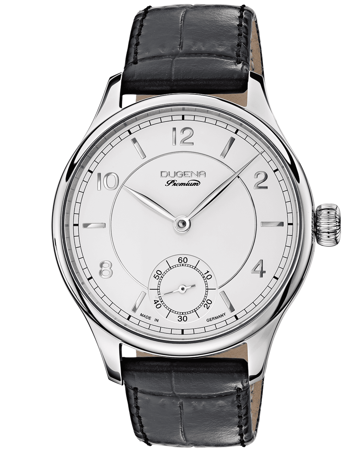 Elegante silberne Uhr mit schwarzem Lederband und kleiner Sekunde, neutral