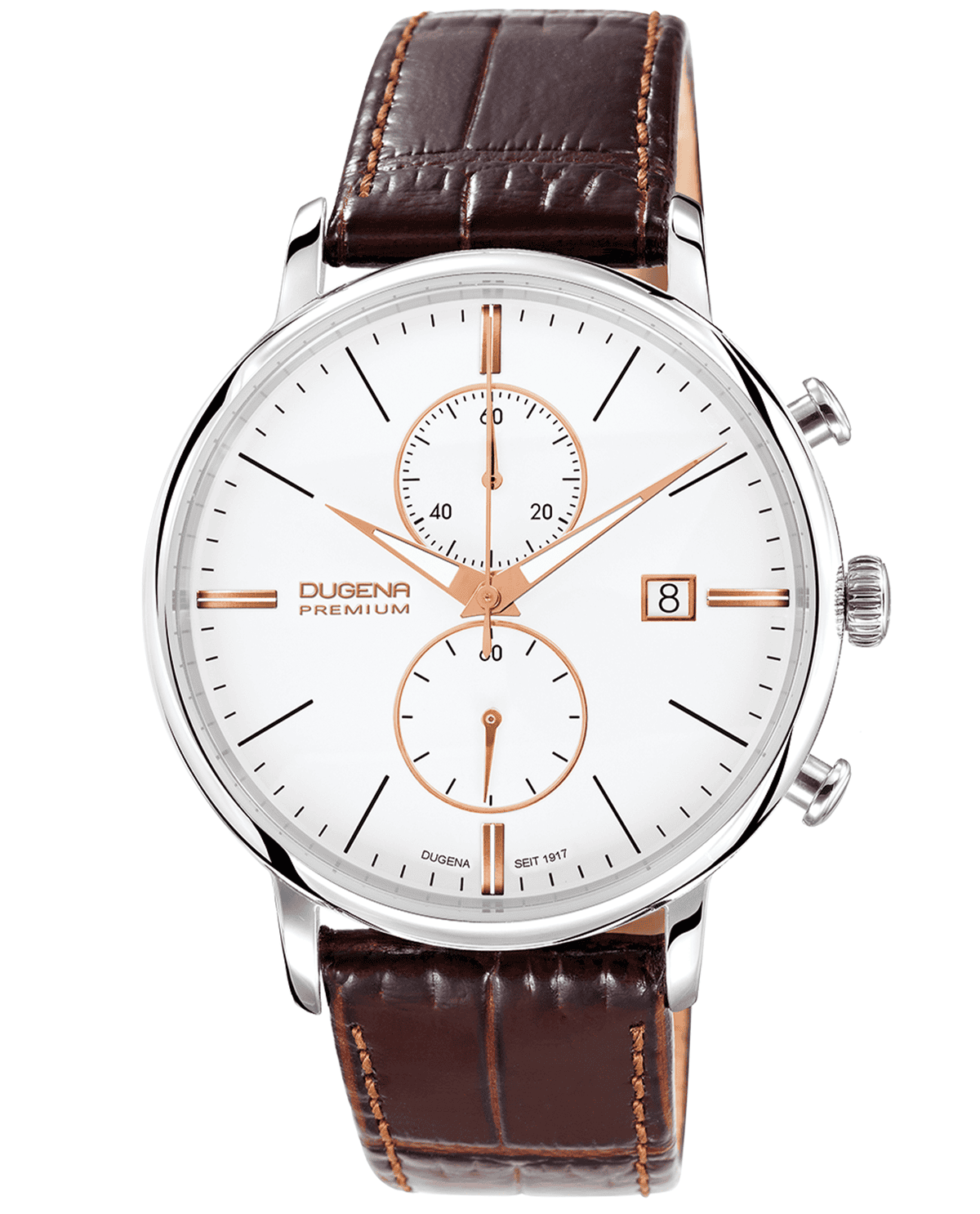 Elegante Armbanduhr mit weißem Zifferblatt und braunem Lederband, neutraler Eindruck