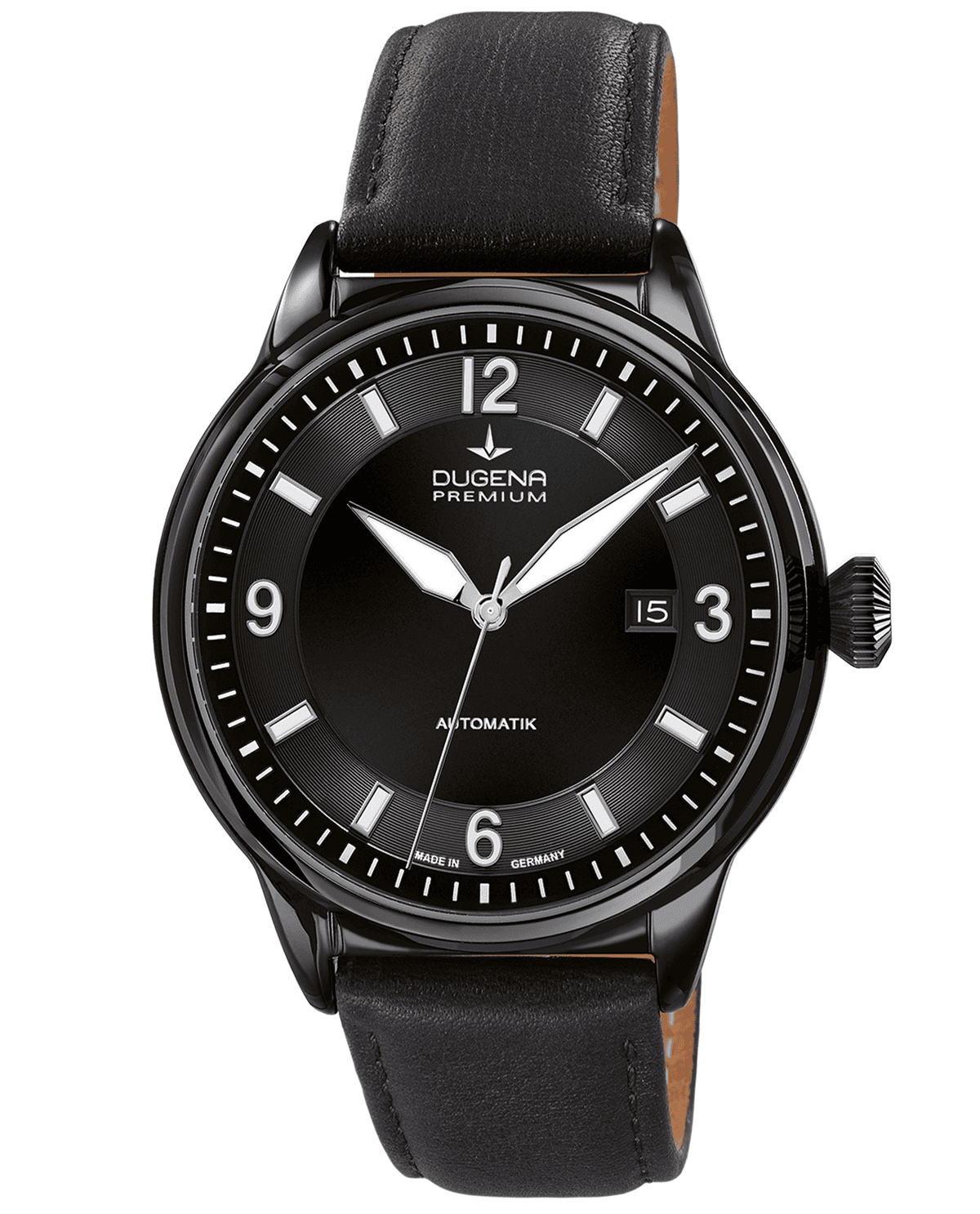 Schwarze Armbanduhr mit Lederband und Datumsfenster, klarer Look