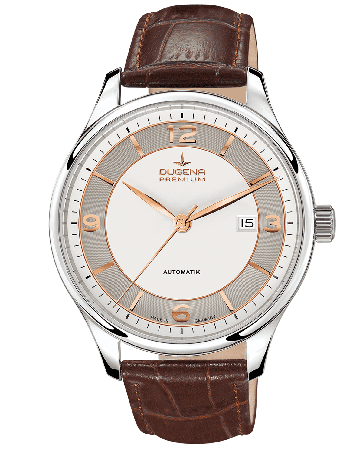 Silberne Uhr mit ruhigem Zifferblatt braunem Lederband und Datumsfenster 75