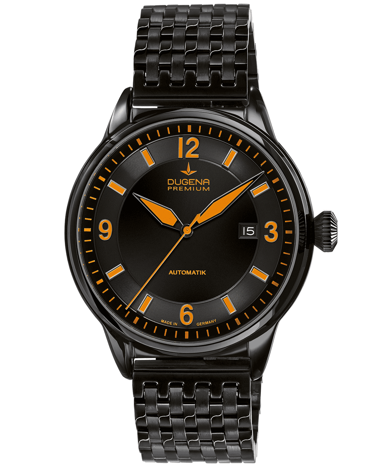 Schwarze Armbanduhr mit orangefarbenen Zeigern und Datumsfenster, markant