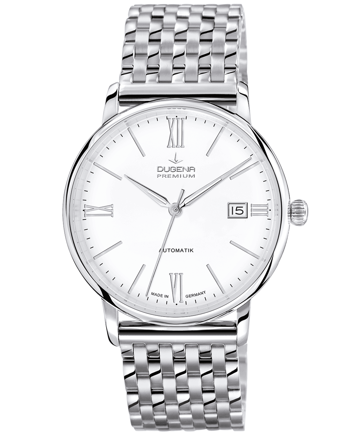 Silberne Armbanduhr mit weißem Zifferblatt und Datumsfenster, elegant