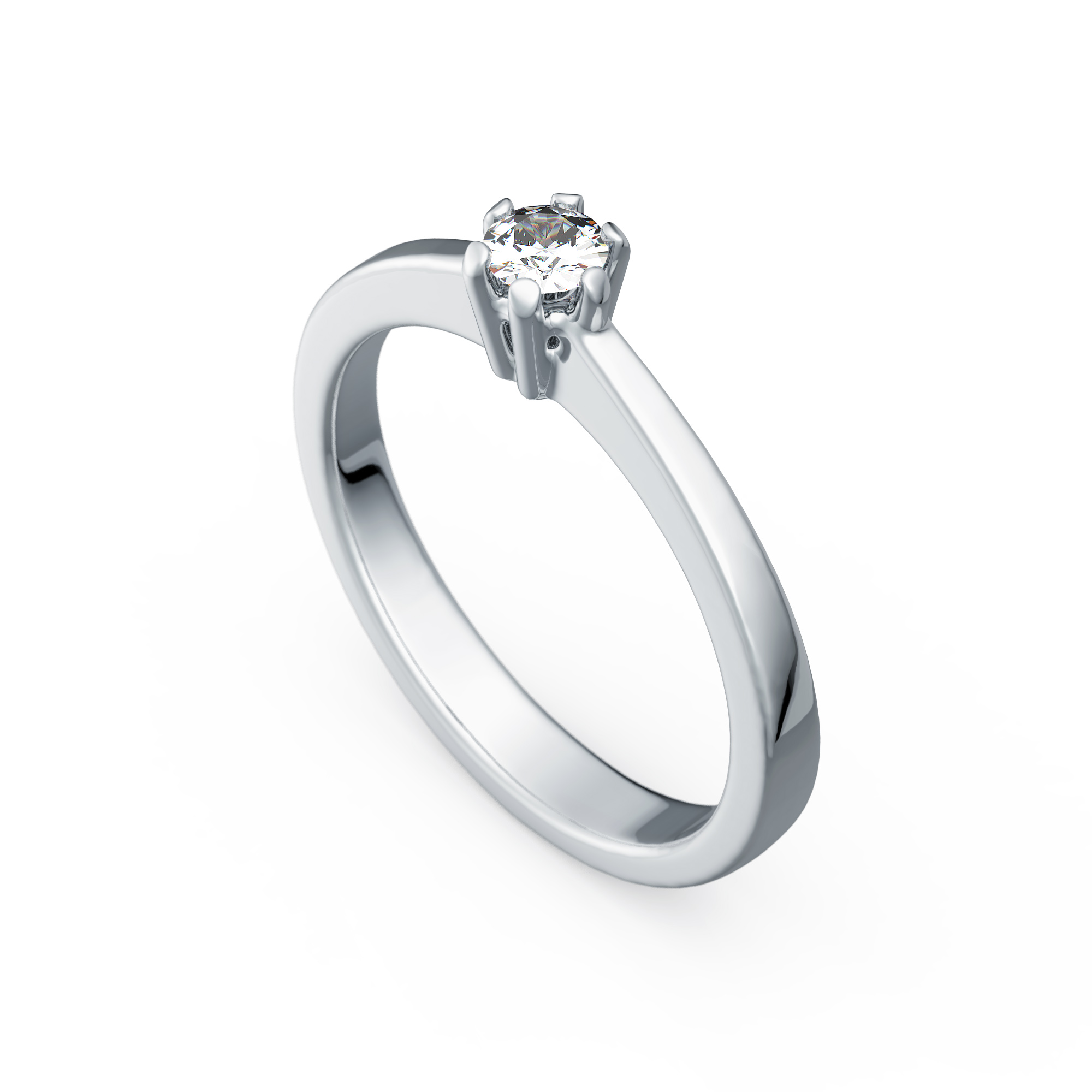 Silberner Verlobungsring mit klarem Diamant und vier Krappen auf Weiss