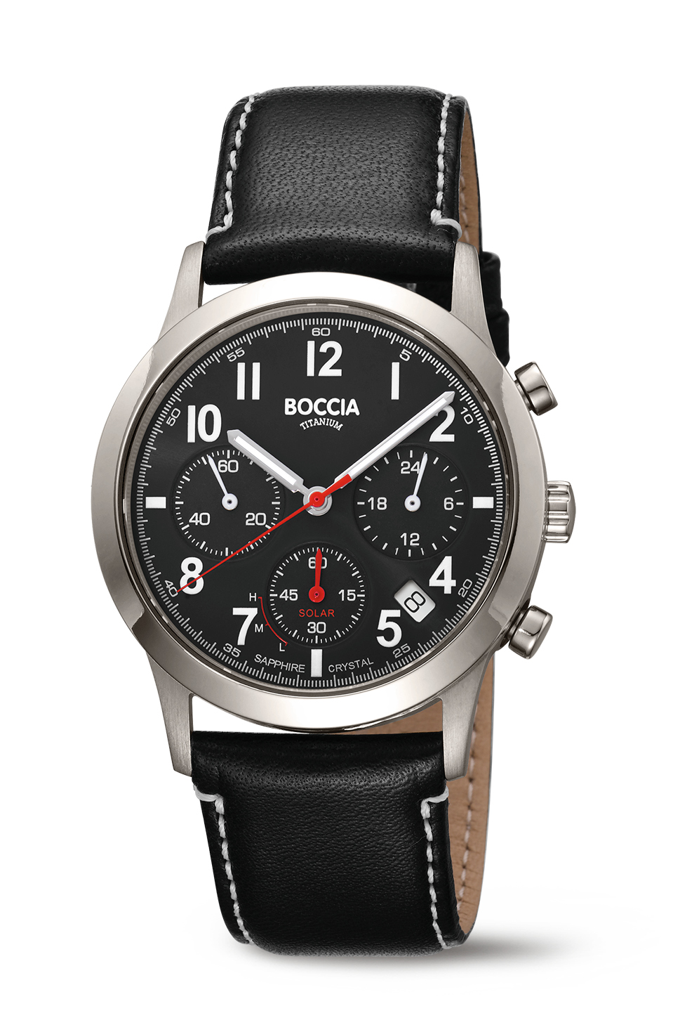 Schwarze Boccia Armbanduhr mit silbernem Gehaeuse und roten Zeigern