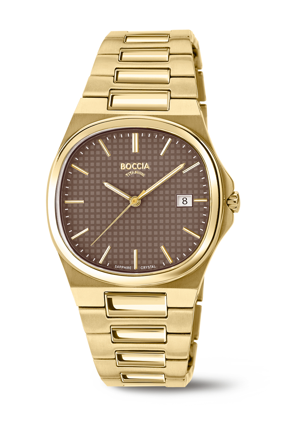 Goldene Armbanduhr mit ruhigem Zifferblatt und Datumsfenster, Boccia