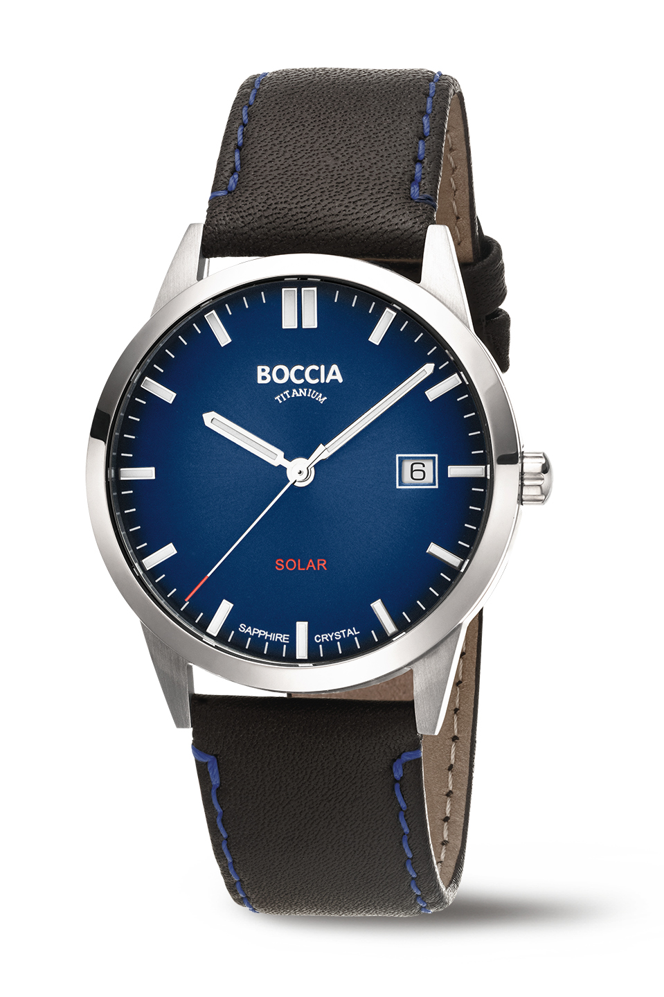 Elegante Uhr ohne Gesicht mit blauem Zifferblatt und braunem Band, Datumsfenster