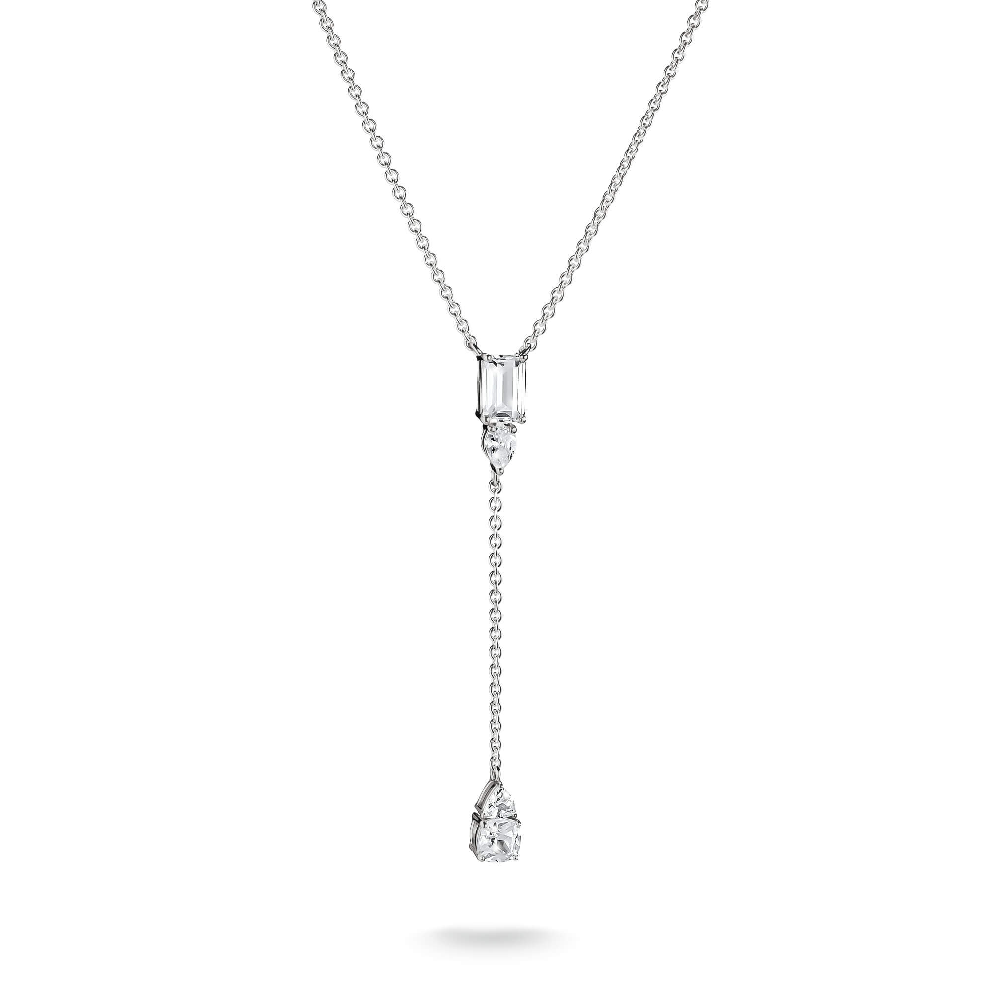 Silberne Y Kette mit klaren Diamantanhaengern und Tropfenstein