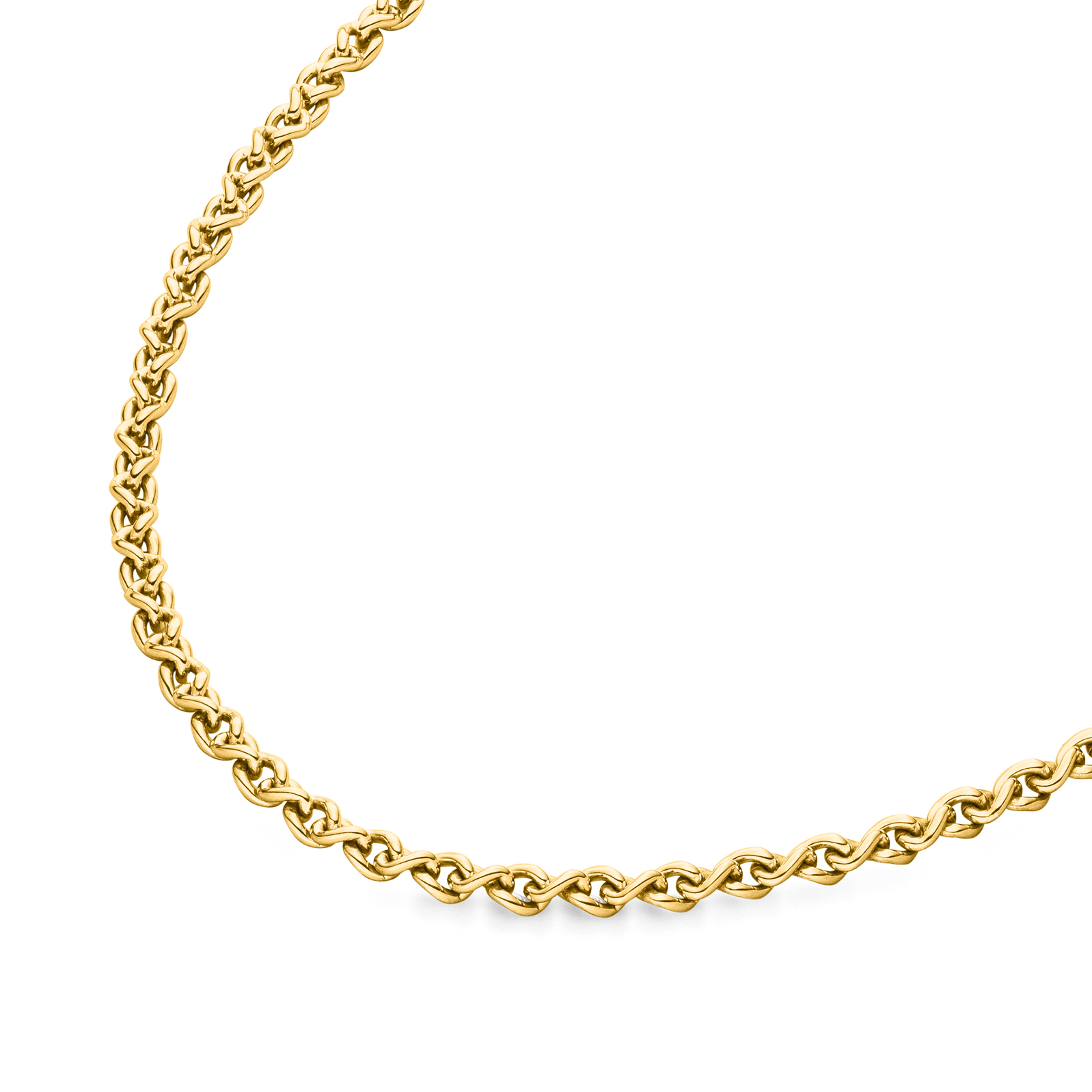 Glanzvolle goldene Kette mit dichten Gliedern vor weissem Hintergrund