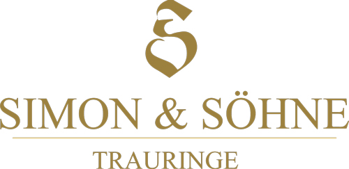 Goldenes Logo Simon und Soehne Trauringe mit S Symbol auf Weiss