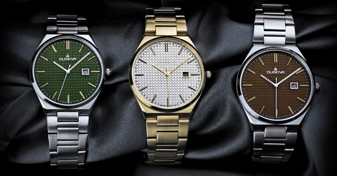 Drei Armbanduhren in Silber und Gold mit gruenem weissem braunem Zifferblatt