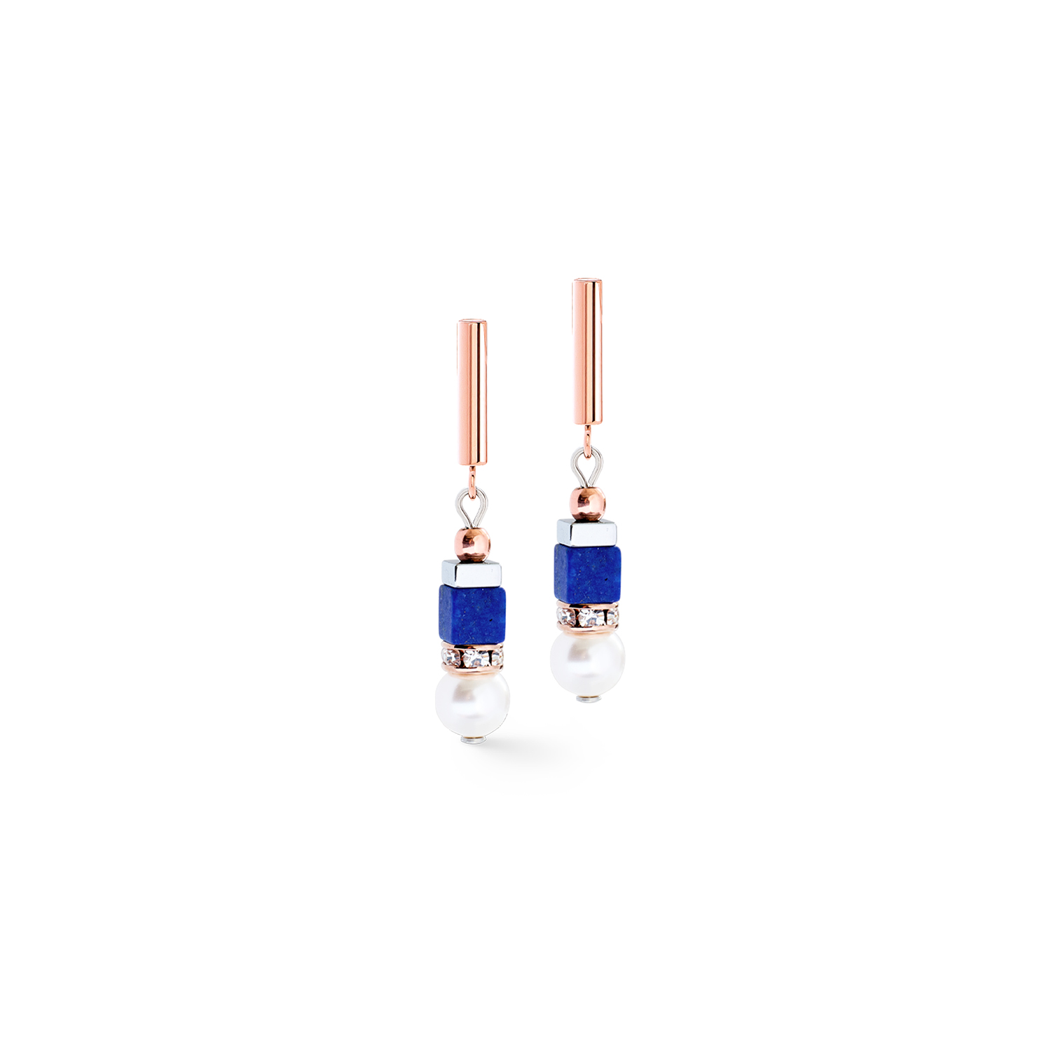 Zwei Ohrringe mit blauem Stein und weißer Perle in Roségold, elegant