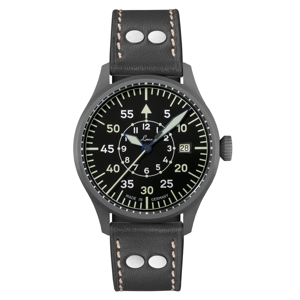 Fliegeruhr von Laco mit schwarzem Zifferblatt und schwarzem Lederarmband