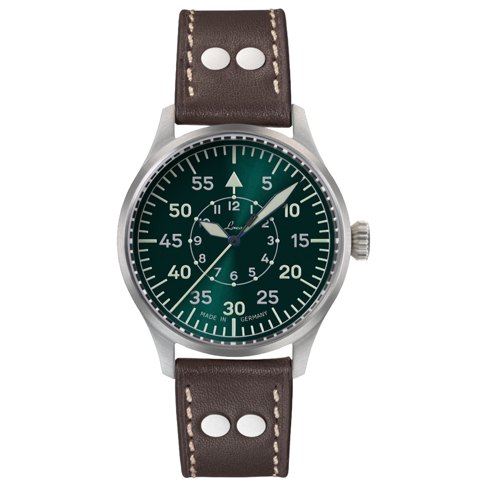 Fliegeruhr mit gruenem Zifferblatt und braunem Lederarmband von Laco