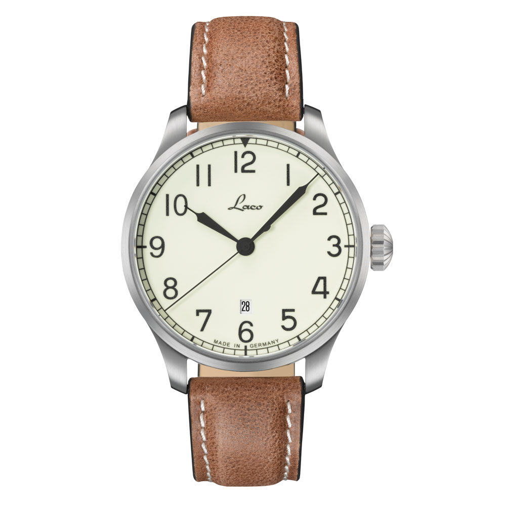 Laco Armbanduhr mit cremefarbenem Zifferblatt und braunem Lederarmband